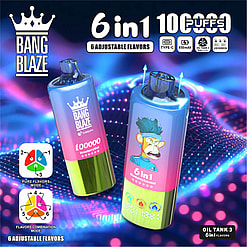 Two Bang Blaze Vape Devices Are Displayed In A Digital-Themed Background, Featuring 6-In-1 Flavor Options, 10,000 Puffs, Type-C Charging, And An Led Screen, With Graphics Showing Flavor Combination Modes And A Cartoon Character Image.