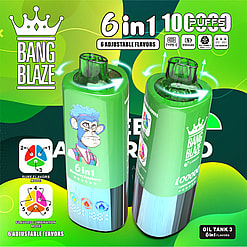 Colorful Advertisement For Bang Blaze Highlighting Its 6-In-1 Adjustable Flavors And 10,000 Puffs Capacity, Featuring Vibrant E-Cigarette Designs With A Cartoon Monkey Illustration And Various Flavor Modes Illustrated At The Bottom.