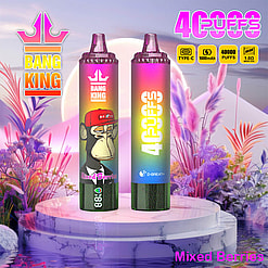 Two Bang King 40000 Puffs Disposable Vape Devices Featuring A Colorful Mixed Berries Theme Alongside Vibrant Plants In A Surreal Background.