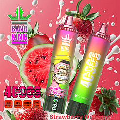 A Promotional Image For The 'Bang King' Disposable Vape Featuring Strawberry And Watermelon Flavors, Highlighted With Vibrant Colors, And Showcasing The Product Design And Features Like 40,000 Puffs And Type-C Charging.