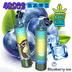 Two Bang King Vape Devices Labeled 'Blueberry Ice' With Illustrated Monkey Art, Set Against A Background Of Blueberries, Ice Cubes, And Green Leaves, Highlighting Features Like '40,000 Puffs' And Type-C Charging Support.