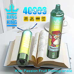 Promotional Display Of The Bang King Vape Device Featuring Bright Green Coloring, Product Specifications, And Flavors, With A Focus On 40,000 Puffs And Kiwi Passion Fruit Pomegranate Flavor.