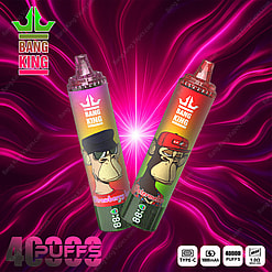 Two Bang King disposable vape devices with vibrant packaging featuring cartoon gorilla characters, 'Strawberry Ice' and 'Watermelon,' highlighted on a pink and purple glowing background with 40,000 puffs noted.