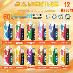 Promotional image for BAN KING Ice Cool vapes, showcasing devices in various colors and flavors, offering 60,000 puffs, adjustable coolness levels, and a selection of 12 different flavors.