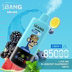 Promotional Graphic Of A Bang Leader Vape Device With A Cartoon Lion Wearing A Crown, Showcasing 850 Puff Capacity And Flavors Of Blueberry, Raspberry, And Vimto, Surrounded By Images Of The Fruits And A Mint Leaf.