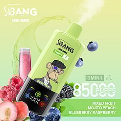 Promotional Image Of A Green Electronic Vaping Device With A Cartoon Chimpanzee Design, Displaying Flavors Like Mixed Fruit, Mojito Peach, And Blueberry Raspberry, Labeled '8500 Puffs.'