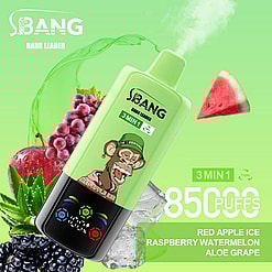 Promotional Image For Bang Leader 3Min1 Electronic Vape Device Featuring A Green Background, Flavor Options Including Red Apple Ice, Raspberry Watermelon, And Aloe Grape, With Visual Elements Of Fruits And A Cartoon Monkey On The Product.