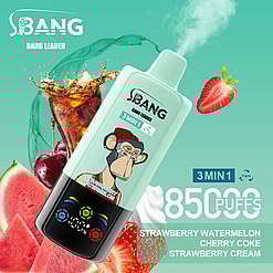 Promotional Image For A Bang Leader Vaping Device, Featuring A Mint-Colored Vape Pen With An Illustration Of An Ape And Text Highlighting Flavors Including Strawberry Watermelon, Cherry Coke, And Strawberry Cream, On A Teal Backdrop With Associated Fruit Imagery And An 850 Puff Capacity Label.