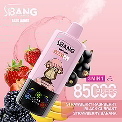 Promotional Image Of A Pink Disposable Vape Device Branded 'Bang Leader 3Min1' Featuring A Cartoon Monkey With Text Highlighting Flavors Including Strawberry, Raspberry, Black Currant, And Banana, Advertising 8500 Puffs On A Colorful Background With Fruit Illustrations.