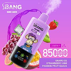 Promotional Image Of The Bang Leader 3-In-1 Disposable Vape Featuring A Purple Design With A Cartoon Monkey, Surrounded By Images Of Grapes, Strawberries, Kiwi, Passion Fruit, And Ice Cubes To Indicate Flavor Options.