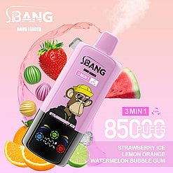Promotional Image Of The Bang Leader Vaping Device With A Pink Design Featuring A Cartoon Ape Wearing Sunglasses And A Yellow Cap, Surrounded By Fruit Illustrations Like Strawberries, Watermelon, And Orange Slices, Advertising Flavors And 8500 Puffs Capacity.