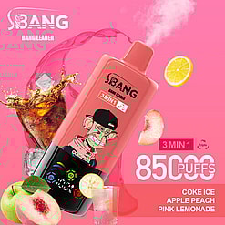 Promotional Image Of A Bang Disposable Vape Device In Pink Flavor-Themed Design, Featuring Flavors Including Coke Ice, Apple Peach, And Pink Lemonade, With Visuals Of Corresponding Fruits And Beverages Against A Vibrant Pink Background.