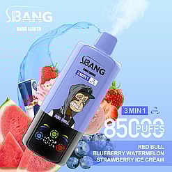 An Advertising Image For A Vape Pen Labeled 'Bang Leader, 3-In-1,' Promising 8500 Puffs With Flavors Including Red Bull, Blueberry Watermelon, And Strawberry Ice Cream, Placed Against A Colorful Background Featuring Fruits And A Red Bull Can.