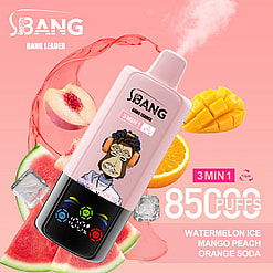Promotional Image Of The Bang Leader 3-In-1 Vaping Device, Featuring A Graphic Of A Monkey Wearing Headphones And Offering 8500 Puffs With Flavors Including Watermelon Ice, Mango Peach, And Orange Soda, Set Against A Pink Background With Fruit Illustrations.