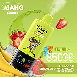 Advertising Image Of A Yellow Vaping Device Labeled 'Bang Leader 3Min1' With Fruit And Gummy Elements In The Background, Promoting 850 Puffs With Banana Ice, Strawberry Watermelon, And Bear Gummy Flavors.