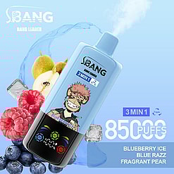 A Promotional Image For The Bang Leader 3-In-1 Vape Device Featuring Flavors Blueberry Ice, Blue Razz, And Fragrant Pear, With A Cartoon Monkey Illustration On The Device And Fruits Depicted In The Background.