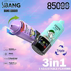 Promotional image for Bang Leader 80000 3in1 disposable vapes featuring adjustable flavors and a capacity of 85,000 puffs, showcasing two colorful vape designs against a pastel cloud background.