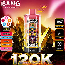 Promotional Vaping Device Advertisement Displaying A Bold Design With Flavor Options, A Mesh Coil System, And Usb-C Charging Compatibility Against A Vibrant Background.