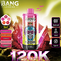 Promotional Image For Bang Legend 5In1 Vaping Device, Showing Flavor Options, Coil Type, Capacity, And A Type-C Charging Port Against A Colorful Crystalline Background.