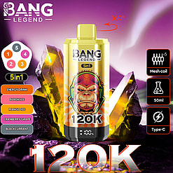 Promotional Image For The Bang Legend 5In1 Device Featuring Multiple Flavor Options, Detailed Product Highlights Such As Mesh Coil And 50Ml Capacity, Displayed Against A Vibrant Background With Glowing Crystals.