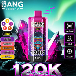 A Promotional Graphic For The Bang Legend 5-In-1 Vaping Device Featuring A Vibrant Pink And Purple Design With An Illustrated Blue Gorilla Wearing Sunglasses, Surrounded By Glowing Purple Crystals, And Highlighting Features Like 360-Degree Rotation, Mesh Coil Technology, And Type-C Charging.