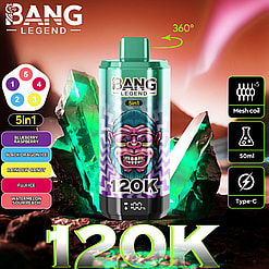 Promotional Image For The 'Bang Legend' 5-In-1 Vaping Device, Featuring A Green And Purple Design Accented With Glowing Green Crystals And Product Specifications Displayed Around It, Such As Mesh Coil, Type-C Charging, And 50Ml Capacity.