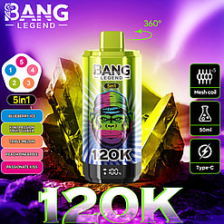 Promotional Image Of A 'Bang Legend' 5-In-1 Vape Product Featuring Its Design, Flavor Options, And Technical Specifications, Such As Mesh Coil, 50Ml Capacity, And Type-C Charging, With A Vibrant, Colorful Background.