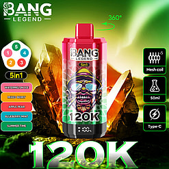 Promotional Image For A 'Bang Legend 120K' Vape Displaying Its 5-In-1 Flavors, Mesh Coil Design, 50Ml Capacity, And Type-C Charging Compatibility Against A Green And Gold Background.