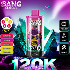 Promotional Graphic Featuring A Bright Pink Bang Legend 5In1 Vaping Device With Depicted Flavors And Product Features Against A Vibrant, Crystalline Background.