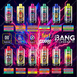 An illustrated promotional image featuring various Bang Legend vape devices, displaying flavors, design details, and product specifications such as a 120,000 puff capacity, mesh coil, and Type-C charging compatibility.