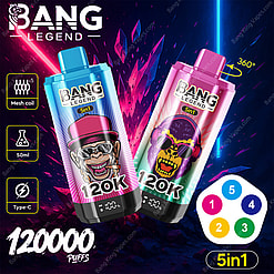 Promotional image featuring two 'Bang Legend 120000 5in1 vapes with colorful gorilla-themed designs, highlighting features like 120,000 puffs, mesh coil, 50ml e-liquid capacity, and USB Type-C charging on a vibrant neon background.