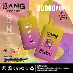 Promotional Image Featuring Two Yellow And Pink Gradient Vaping Devices Labeled 'Bang Legend' With 80,000 Puff Capacity, Type-C Compatibility, Triple Flavors, And Warnings About Nicotine Content.