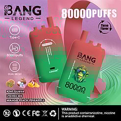 Promotional Image For The Bang Legend Device Showcasing Its Features, Including 80,000 Puffs, Type-C Charging, And Dual Mesh Technology, With Available Flavors Kiwi Guava, Lychee Ice, And Mango Peach Pineapple, Against A Colorful Background With Warnings Regarding Nicotine Content.