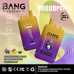 Promotional Image Featuring Two Bang Legend Vaping Devices With Details Such As A Gradient Color Design, 80000 Puffs, Triple Flavor Options (Blueberry Watermelon, Strawberry Mango, And Blackcurrant), And Amenities Including Type-C Charging, Dual Mesh Technology, And Safety Symbols.