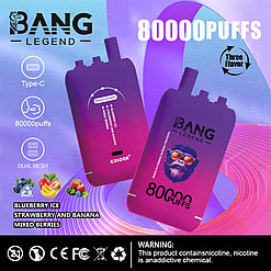 Promotional Image For Bang Legend Disposable Vape Showcasing Two Vape Devices, 80000 Puffs Feature, And Flavors Blueberry Ice, Strawberry And Banana, And Mixed Berries, With A Colorful Abstract Background.