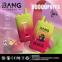 Advertisement Featuring Bang Legend Electronic Vaping Devices Presenting Flavors And Attributes Like 80000-Puff Capacity, Dual Mesh Filter, Multiple Flavors Including Avocado Ice, Lemon Lime, And Watermelon Raspberry, And A Type-C Charging Port.