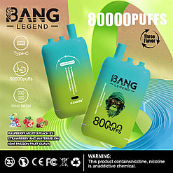 Promotional Image For The Bang Legend Vaporizer Featuring Two Devices, Highlights Include 80,000 Puffs Capability, Dual Mesh Technology, And Flavors Like Raspberry Mojito Peach Ice; Contains A Nicotine Warning.