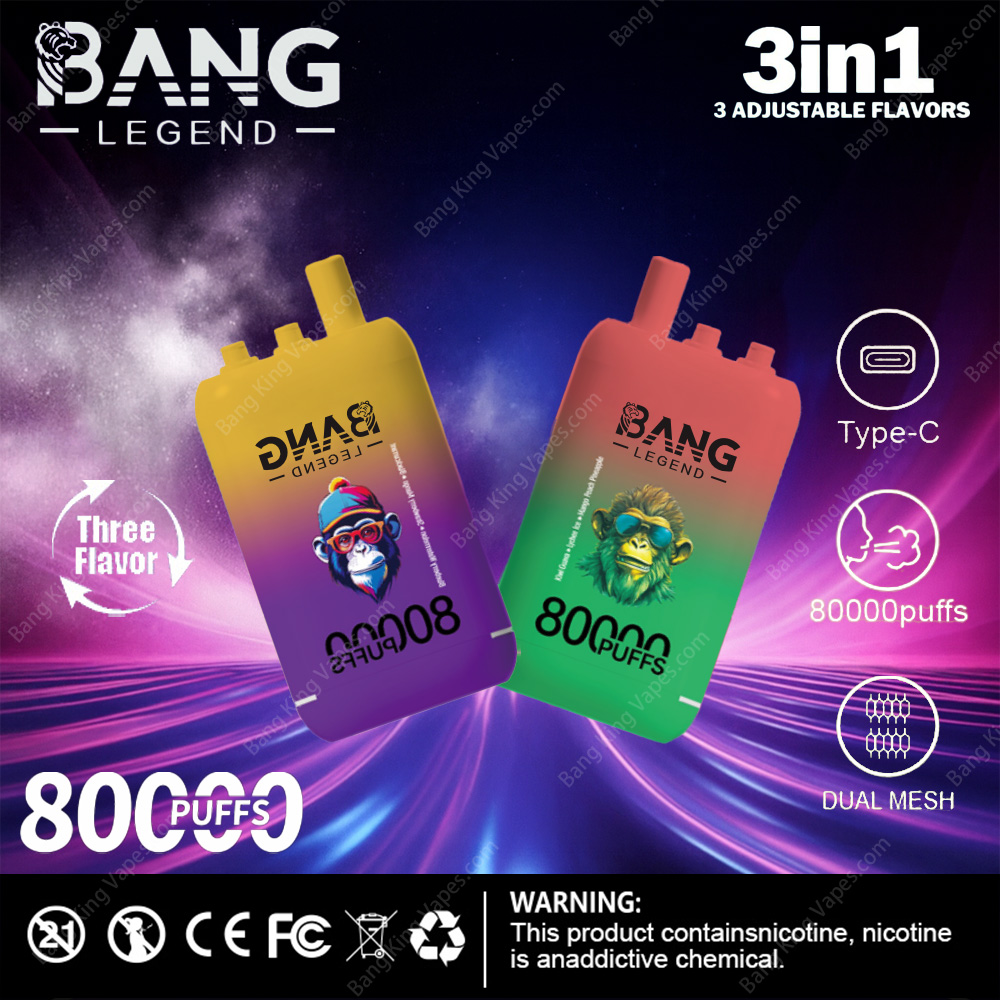 Promotional graphic for Bang Legend 80000 vaping devices featuring two 80000 puffs models with adjustable flavors, Type-C charging, and dual mesh technology against a colorful background, including a nicotine warning.