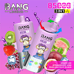 Werbebild für Bang Legend 3-in-1-Einweg-Vape mit Aromen Traubeneis, Erdbeerkiwi und Passionsfrucht-Guave mit entsprechenden Fruchtvisuals vor einem lila Hintergrund.