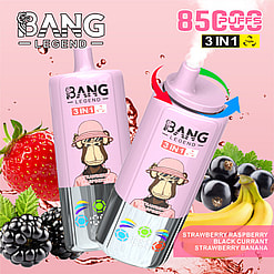 Werbebild von Bang Legend 3-in-1-Einweg-Vape-Gerät mit Erdbeer, Himbeer, schwarzer Johannisbeeren, Bananenaromen und farbenfrohen Grafiken.