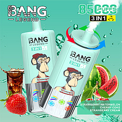 Werbebild von Bang Legend 3-in-1-Dampfgerät mit einer Cartoon-Affengrafik und den Aromen: Erdbeer-Wassermelone, Cherry Cola und Erdbeercreme mit begleitenden Aroma-Bildern und Gerätefunktionalität hervorgehoben.