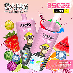 Werbebild für Bang Legend 3-in-1-Vape mit einem rosa Gerät mit lebendigen Früchten wie Strawberry, Watermelone, Orange und Melone auf einem Pastellhintergrund, der die Aromen und die Puffzahl betonen.