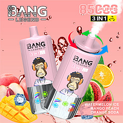 Vape-Produkt von 'Bang Legend', mit zwei Geräten mit Affen, die Kopfhörer tragen, die als 3-in-1 mit drei ausgewählten Aroma-Optionen bezeichnet werden, sowie Bilder von Wassermelone, Pfirsich, Mango und Soda-Wasser mit einer Darstellung von Dampf, die von einem Gerät ausgeht.