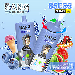 Werbebild von "Bang Legend 3-in-1" -Vape-Geräten mit Blaubeer-, Wassermelon- und Erdbeer-Eis-Geschmacksthemen sowie grafischen Elementen wie Cartoon-Kunst, Fruchtdarstellungen und einem Text, der '8500 Puffs' hervorhebt.