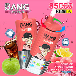 Werbebild für ein Einweg-Vape-Produkt, das als Bang Legend 3-in-1 mit Flavours Cola Ice, Apple Peach und Pink Limonade mit farbenfrohen Verpackungen und Hintergrundelementen zum Thema Geschmack bezeichnet wird.
