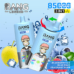 Ein Werbebild für Bang Legend 3-in-1-Vape-Gerät mit Blaubeereis, Blue Razz und Dirrant Birne, dargestellt mit Produktdesigns und verwandten Fruchtabbildungen vor einem hellblauen Hintergrund.