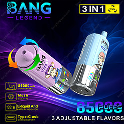 Promotional image of Bang Legend 85000 3-in-1 disposable vape device featuring 85,000 puffs, three adjustable flavors, Type-C USB charging port, mesh coil type, and battery indicator, displayed with dynamic graphics.