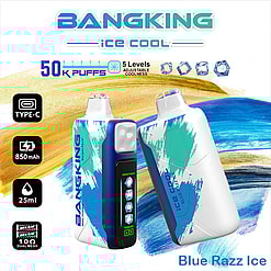 Promotional Image Of The Bangking Ice Cool Blue Razz Ice Disposable Vape Device Featuring Design Elements, Specifications Such As 50K Puffs Capacity, Adjustable Coolness Levels, Type-C Charging, 850Mah Battery, And 25Ml Liquid Capacity.