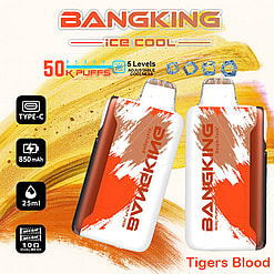 Promotional Image Of Bang King Disposable Vape Devices Featuring Specifications Such As 50,000 Puffs, Type-C Charging, A 25Ml Liquid Capacity, And Tigers Blood Flavor With An Orange And White Design.