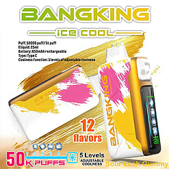 An Advertisement Displaying A Colorful Vaping Device Branded 'Bangking Ice Cool,' Highlighting 50,000 Puffs Capacity, Adjustable Coolness Levels, And A Sour Lush Gummy Flavor Among Its 12 Flavor Options.